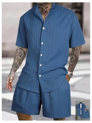 GORGLITTER Men's 2 Piece Outfits Short Sleeve Pocket Button Down Shirt and Drawstring Shorts Set - 3
