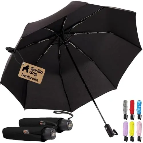 GORILLA GRIP Compact Travel Size Umbrella for Rain, 2 PK, Sleek Design Fits Backpack, Purse and Carry On, Lightweight Under 1lb, One Click Open and Close, Wind Resistant, Durable Waterproof, Black 