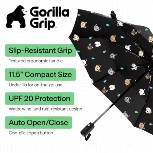 GORILLA GRIP Strong Windproof Stick Compact Umbrella for Rain, One-Click Automatic Open and Close, Durable Quick Dry Waterproof Material, Lightweight and Portable, Travel Size Fits Backpack, Cats Dogs - GORILLA GRIP (1)