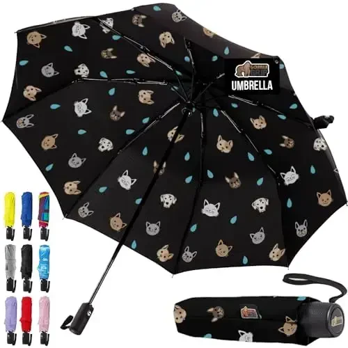 GORILLA GRIP Strong Windproof Stick Compact Umbrella for Rain, One-Click Automatic Open and Close, Durable Quick Dry Waterproof Material, Lightweight and Portable, Travel Size Fits Backpack, Cats Dogs 
