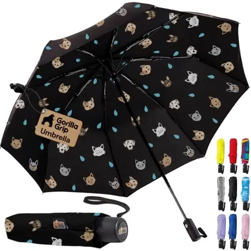 GORILLA GRIP Compact Travel Size Umbrella for Rain, Sleek Design Fits Backpack, Purse and Carry On, Lightweight Under 1lb, One Click Open and Close, Wind Resistant, Durable Waterproof, Cats Dogs 