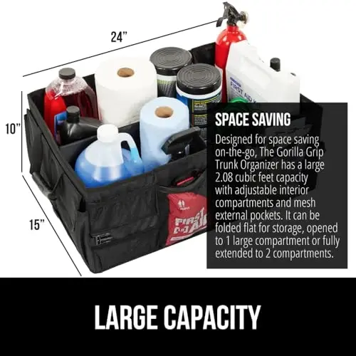 GORILLA GRIP Trunk Organizer for SUV and Cars, Large Capacity Collapsible Car Trunk Storage Organizer, Heavy Duty Car Accessories, Gifts for Mom and Dad, Slip & Water Resistant Multi Compartment Black - 2
