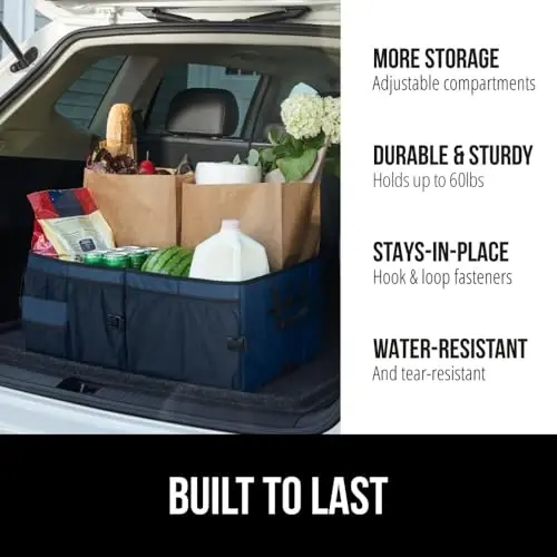 GORILLA GRIP Large Capacity Sturdy Trunk Storage Organizer, Slip and Water Resistant Collapsible Organization Container for Car Sedan or SUV, Multi Compartment Box Vehicle Accessories, Blue 