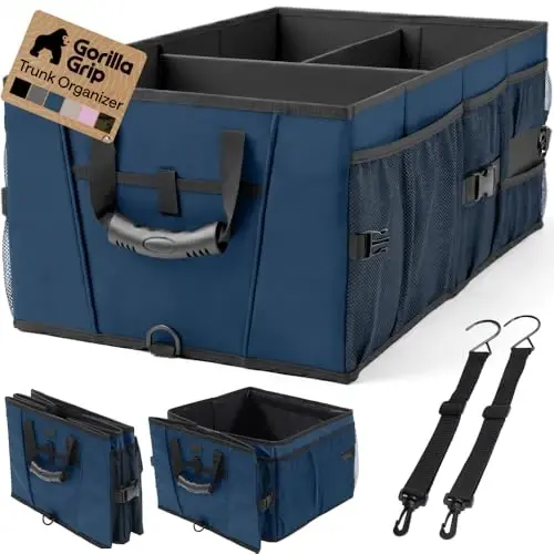 GORILLA GRIP Trunk Organizer for SUV and Cars, Large Capacity Collapsible Car Trunk Storage Organizer, Heavy Duty Car Accessories, Gifts for Mom and Dad, Slip & Water Resistant Multi Compartment, Blue 
