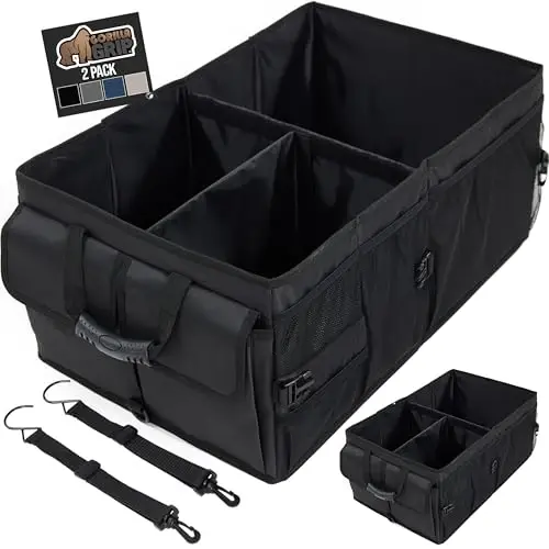 GORILLA GRIP Large Capacity Sturdy Trunk Storage Organizer, Slip and Water Resistant Collapsible Organization Container for Car Sedan or SUV, Multi Compartment Box Vehicle Accessories, 2 Pack, Black - 1