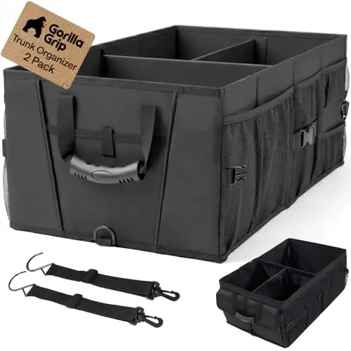 GORILLA GRIP Trunk Organizer for SUV and Cars, Large Capacity Collapsible Car Trunk Storage Organizer, Car Accessories, Gifts for Mom and Dad, Slip & Water Resistant Multi Compartment, 2 Pack Black 