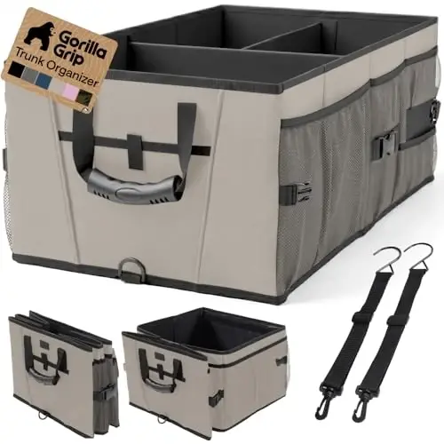 GORILLA GRIP Trunk Organizer for SUV and Cars, Large Capacity Collapsible Car Trunk Storage Organizer, Heavy Duty Car Accessories, Gifts for Mom and Dad, Slip & Water Resistant Multi Compartment Beige 