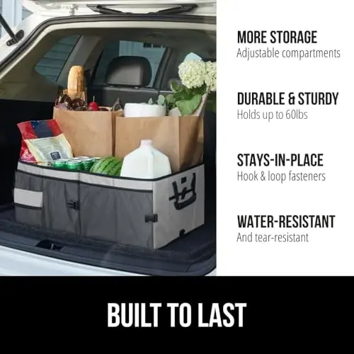 GORILLA GRIP Large Capacity Sturdy Trunk Storage Organizer, Slip and Water Resistant Collapsible Organization Container for Car Sedan or SUV, Multi Compartment Box Vehicle Accessories, Gray 