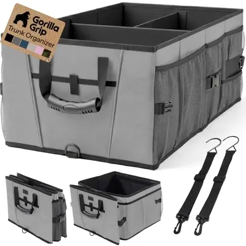 GORILLA GRIP Trunk Organizer for SUV and Cars, Large Capacity, Gray | Heavy Duty Car Trunk Storage Organizer, Collapsible, SUV Accessories, Slip and Water Resistant, Multi Compartment Storage 