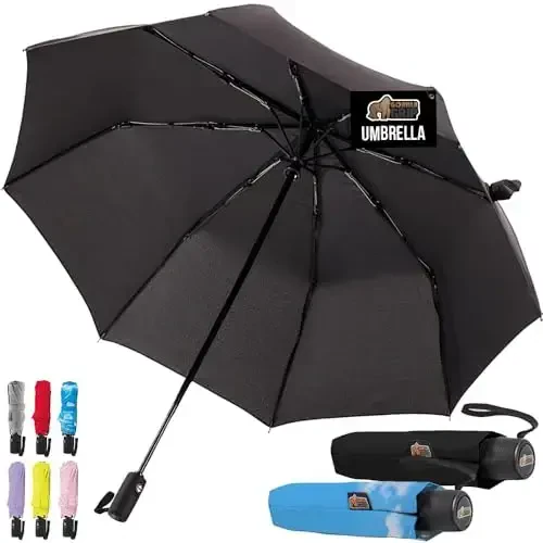 GORILLA GRIP Strong Windproof Stick Compact Umbrella for Rain, 2 PK, One-Click Automatic Open Close, Durable Quick Dry Waterproof Material, Lightweight, Travel Size Fits Backpack, Black Sky Blue - 1