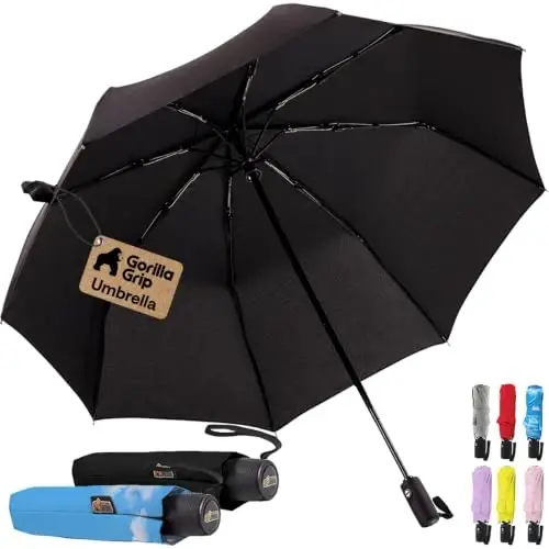 GORILLA GRIP Strong Windproof Stick Compact Umbrella for Rain, 2 PK, One-Click Automatic Open Close, Durable Quick Dry Waterproof Material, Lightweight, Travel Size Fits Backpack, Black Sky Blue 