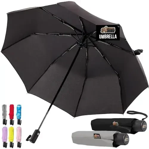 GORILLA GRIP Strong Windproof Stick Compact Umbrella for Rain, 2 PK, One-Click Automatic Open Close, Durable Quick Dry Waterproof Material, Lightweight, Portable, Travel Size Fits Backpack, Black Gray 