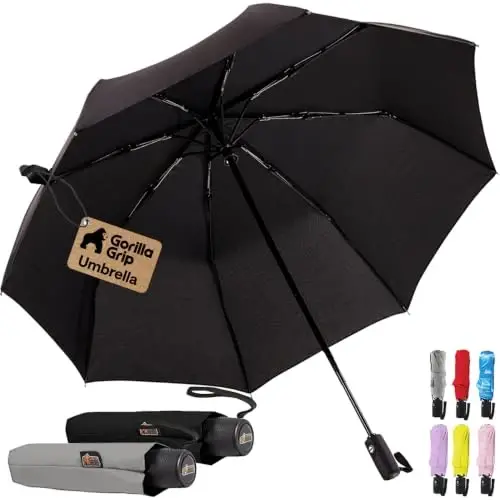 GORILLA GRIP Compact Travel Size Umbrella for Rain, 2 PK, Sleek Design Fits Backpack, Purse and Carry On, Lightweight Under 1lb, One Click Open and Close, Wind Resistant, Waterproof, Black Gray - 1