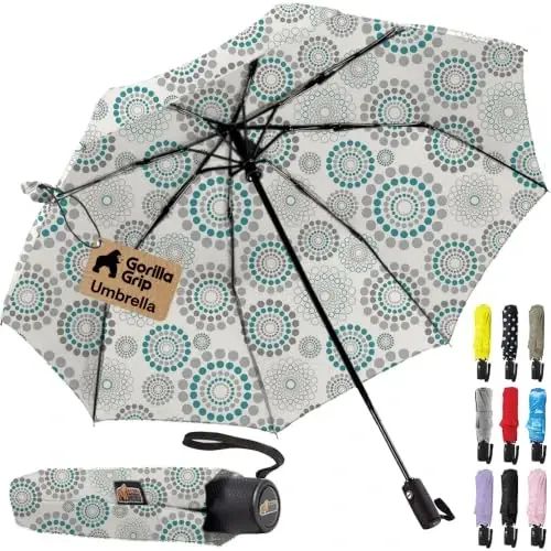GORILLA GRIP Compact Travel Size Umbrella for Rain, Sleek Design Fits Backpack, Purse and Carry On, Lightweight Under 1lb, One Click Open and Close, Wind Resistant, Durable Waterproof, Spiral 