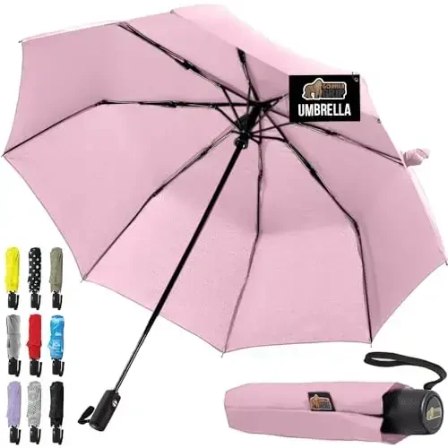 GORILLA GRIP Strong Windproof Stick Compact Umbrella for Rain, One-Click Automatic Open and Close, Durable Quick Dry Waterproof Material, Lightweight and Portable, Travel Size Fits Backpack, Pink - GORILLA GRIP