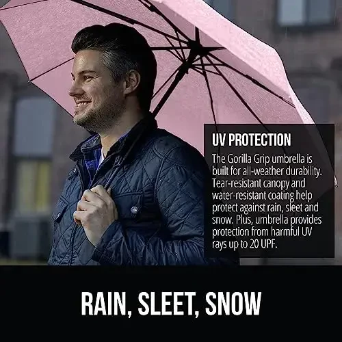 GORILLA GRIP Strong Windproof Stick Compact Umbrella for Rain, One-Click Automatic Open and Close, Durable Quick Dry Waterproof Material, Lightweight and Portable, Travel Size Fits Backpack, Pink - 3