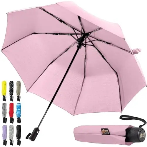 GORILLA GRIP Strong Windproof Stick Compact Umbrella for Rain, One-Click Automatic Open and Close, Durable Quick Dry Waterproof Material, Lightweight and Portable, Travel Size Fits Backpack, Pink 