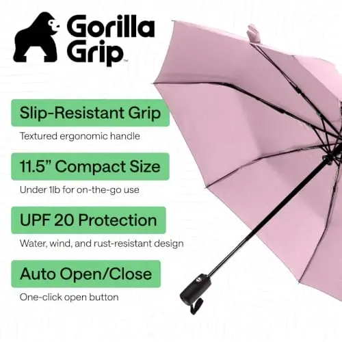 GORILLA GRIP Strong Windproof Stick Compact Umbrella for Rain, One-Click Automatic Open and Close, Durable Quick Dry Waterproof Material, Lightweight and Portable, Travel Size Fits Backpack, Pink - 2