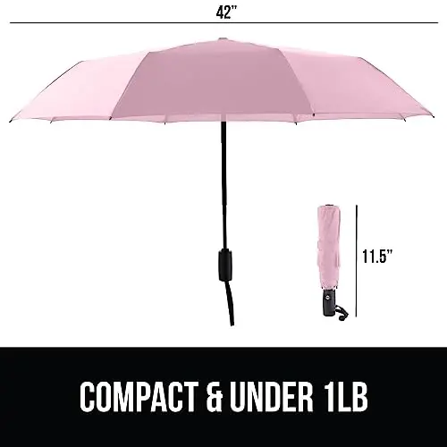 GORILLA GRIP Strong Windproof Stick Compact Umbrella for Rain, One-Click Automatic Open and Close, Durable Quick Dry Waterproof Material, Lightweight and Portable, Travel Size Fits Backpack, Pink - 5