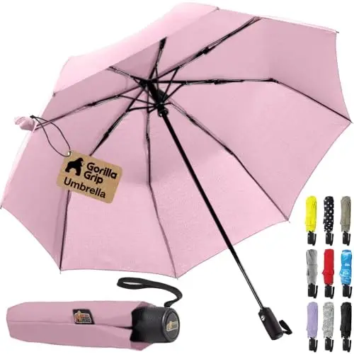GORILLA GRIP Compact Travel Size Umbrella for Rain, Sleek Design Fits Backpack, Purse and Carry On, Lightweight Under 1lb, One Click Open and Close, Wind Resistant, Durable Waterproof Quick Dry, Pink 