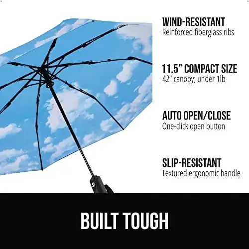 GORILLA GRIP Strong Windproof Stick Compact Umbrella for Rain, One-Click Automatic Open and Close, Durable Quick Dry Waterproof Material, Lightweight and Portable, Travel Size Fits Backpack, Sky Blue - GORILLA GRIP (1)