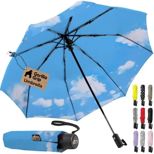GORILLA GRIP Compact Travel Size Umbrella for Rain, Sleek Design Fits Backpack, Purse and Carry On, Lightweight Under 1lb, One Click Open and Close, Wind Resistant, Durable Waterproof, Sky Blue 