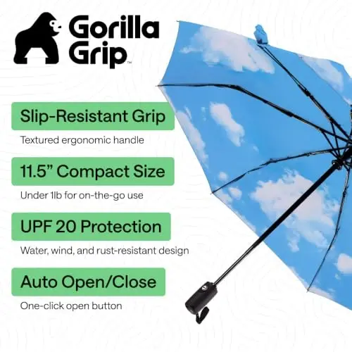 GORILLA GRIP Compact Travel Size Umbrella for Rain, Sleek Design Fits Backpack, Purse and Carry On, Lightweight Under 1lb, One Click Open and Close, Wind Resistant, Durable Waterproof, Sky Blue - 2