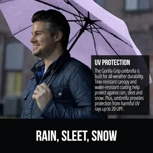 GORILLA GRIP Strong Windproof Stick Compact Umbrella for Rain, One-Click Automatic Open and Close, Durable Quick Dry Waterproof Material, Lightweight and Portable, Travel Size Fits Backpack, Purple - 3