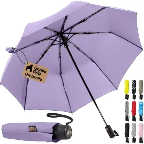 GORILLA GRIP Compact Travel Size Umbrella for Rain, Sleek Design Fits Backpack, Purse and Carry On, Lightweight Under 1lb, One Click Open and Close, Wind Resistant, Durable Waterproof, Purple 