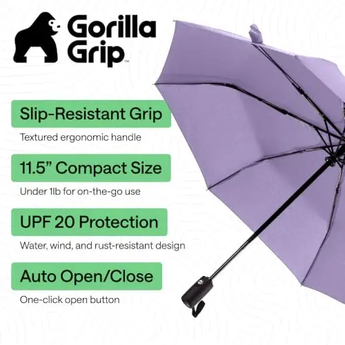 GORILLA GRIP Compact Travel Size Umbrella for Rain, Sleek Design Fits Backpack, Purse and Carry On, Lightweight Under 1lb, One Click Open and Close, Wind Resistant, Durable Waterproof, Purple - 2