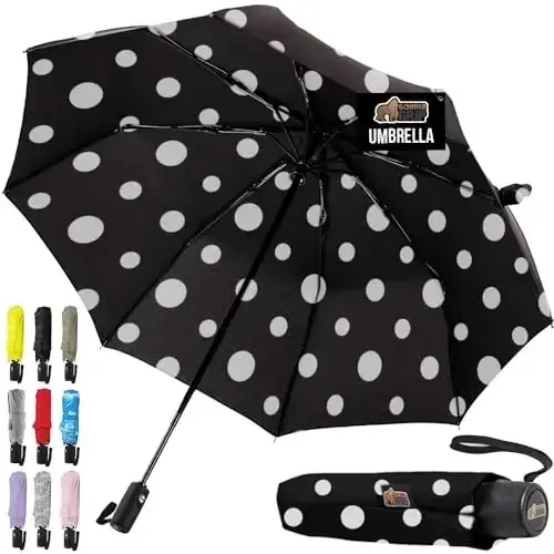 GORILLA GRIP Strong Windproof Stick Compact Umbrella for Rain, One-Click Automatic Open and Close, Durable Quick Dry Waterproof Material, Lightweight and Portable, Travel Size Fits Backpack Polka Dots - GORILLA GRIP