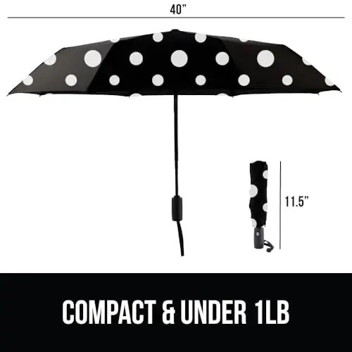 GORILLA GRIP Strong Windproof Stick Compact Umbrella for Rain, One-Click Automatic Open and Close, Durable Quick Dry Waterproof Material, Lightweight and Portable, Travel Size Fits Backpack Polka Dots - 3