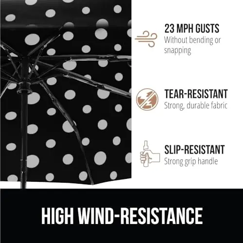 GORILLA GRIP Strong Windproof Stick Compact Umbrella for Rain, One-Click Automatic Open and Close, Durable Quick Dry Waterproof Material, Lightweight and Portable, Travel Size Fits Backpack Polka Dots - 5