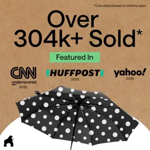 GORILLA GRIP Strong Windproof Stick Compact Umbrella for Rain, One-Click Automatic Open and Close, Durable Quick Dry Waterproof Material, Lightweight and Portable, Travel Size Fits Backpack Polka Dots - 5