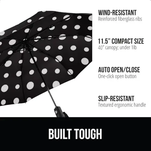 GORILLA GRIP Strong Windproof Stick Compact Umbrella for Rain, One-Click Automatic Open and Close, Durable Quick Dry Waterproof Material, Lightweight and Portable, Travel Size Fits Backpack Polka Dots - 2