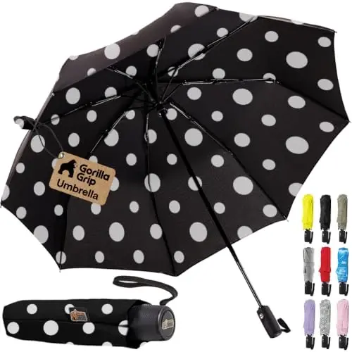 GORILLA GRIP Compact Travel Size Umbrella for Rain, Sleek Design Fits Backpack, Purse and Carry On, Lightweight Under 1lb, One Click Open and Close, Wind Resistant, Durable Waterproof, Polka Dots 