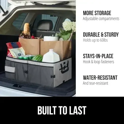 GORILLA GRIP Katta hajmli mustahkam yukxona tashkilotchisi, sirpanish va suvga chidamli yig‘ma tashkilot konteyneri avtomobil sedan yoki SUV uchun, ko‘p bo‘linmali quti avtomobil aksessuarlari, kulrang - 2