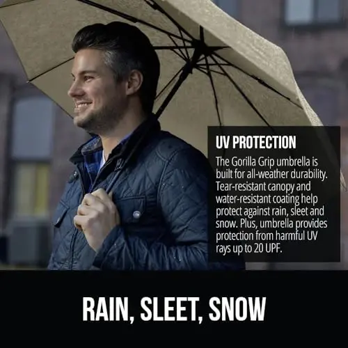 GORILLA GRIP Kuchli shamolga chidamli tayoq ixcham soyaboni yomg'ir uchun, bir marta bosish orqali avtomatik ochish va yopish, bardoshli tez quriydigan suv o'tkazmaydigan material, engil va ko'chma, sayohat uchun ryukzakga mos keladi, bej - 3
