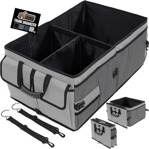 GORILLA GRIP Large Capacity Sturdy Trunk Storage Organizer, Slip and Water Resistant Collapsible Organization Container for Car Sedan or SUV, Multi Compartment Box Vehicle Accessories, Gray - 1