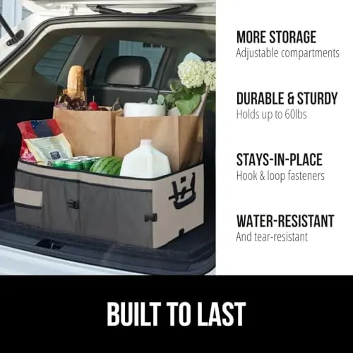 Gorilla Grip Large Capacity Sturdy Trunk Storage Organizer, Slip and Water Resistant Collapsible Organization Container for Car Sedan or SUV, Multi Compartment Container Box Vehicle Accessories, Beige 