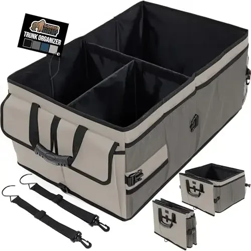 Gorilla Grip Large Capacity Sturdy Trunk Storage Organizer, Slip and Water Resistant Collapsible Organization Container for Car Sedan or SUV, Multi Compartment Container Box Vehicle Accessories, Beige - 1
