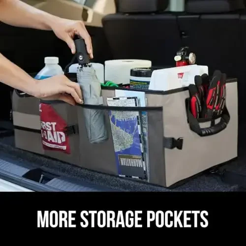 Gorilla Grip Large Capacity Sturdy Trunk Storage Organizer, Slip and Water Resistant Collapsible Organization Container for Car Sedan or SUV, Multi Compartment Container Box Vehicle Accessories, Beige - 4
