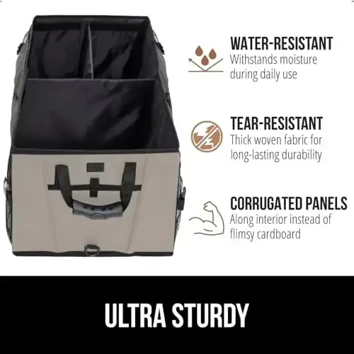 Gorilla Grip Large Capacity Sturdy Trunk Storage Organizer, Slip and Water Resistant Collapsible Organization Container for Car Sedan or SUV, Multi Compartment Container Box Vehicle Accessories, Beige - 6