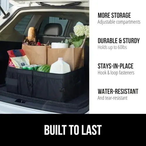 Gorilla Grip Large Capacity Sturdy Trunk Storage Organizer, Slip and Water Resistant Collapsible Organization Container for Car Sedan or SUV, Multi Compartment Container Box Vehicle Accessories, Black - 1