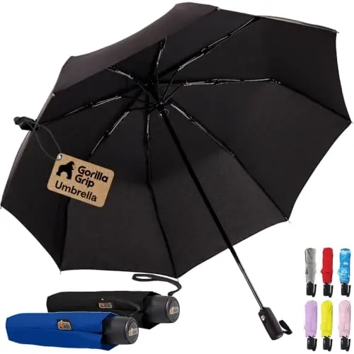 GORILLA GRIP Прочный ветрозащитный компактный зонт-трость от дождя, 2 шт., автоматическое открытие/закрытие одним нажатием, прочный быстросохнущий водонепроницаемый материал, легкий, портативный, дорожный размер, помещается в рюкзак, черный темно-синий 