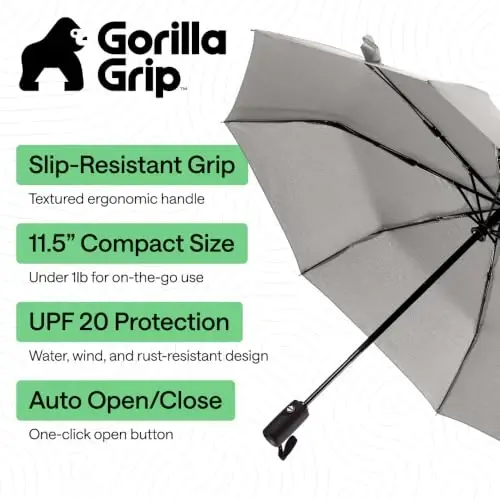 GORILLA GRIP Прочный ветрозащитный компактный зонт-трость от дождя, автоматическое открытие и закрытие одним нажатием, прочный быстросохнущий водонепроницаемый материал, легкий и портативный, дорожный размер, помещается в рюкзак, серый - GORILLA GRIP (1)