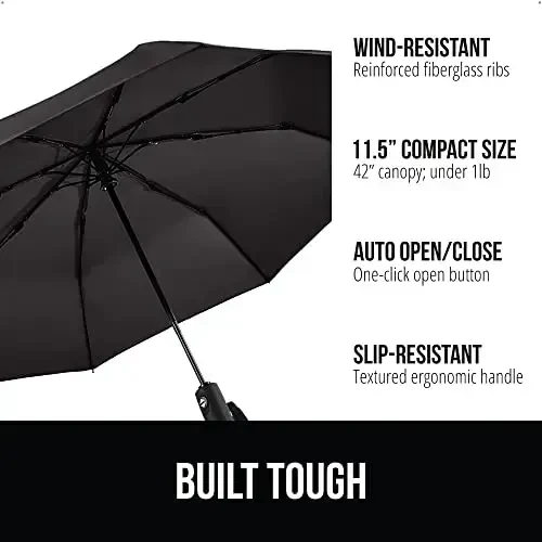 GORILLA GRIP Strong Windproof Stick Compact Umbrella for Rain, One-Click Automatic Open and Close, Durable Quick Dry Waterproof Material, Lightweight and Portable, Travel Size Fits Backpack, Black - 3