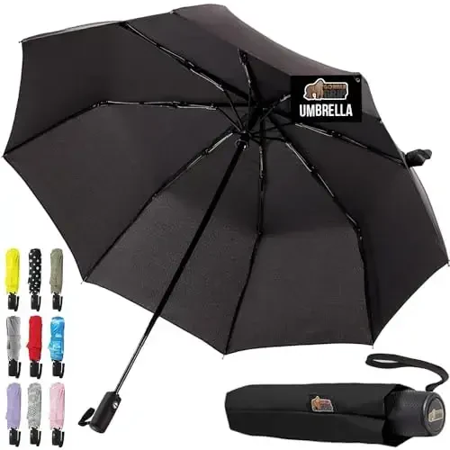 GORILLA GRIP Strong Windproof Stick Compact Umbrella for Rain, One-Click Automatic Open and Close, Durable Quick Dry Waterproof Material, Lightweight and Portable, Travel Size Fits Backpack, Black - 6