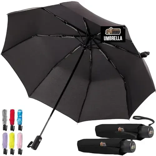 GORILLA GRIP Strong Windproof Stick Compact Umbrella for Rain, 2 PK, One-Click Automatic Open Close, Durable Quick Dry Waterproof Material, Lightweight, Portable, Travel Size Fits Backpack, Black - GORILLA GRIP