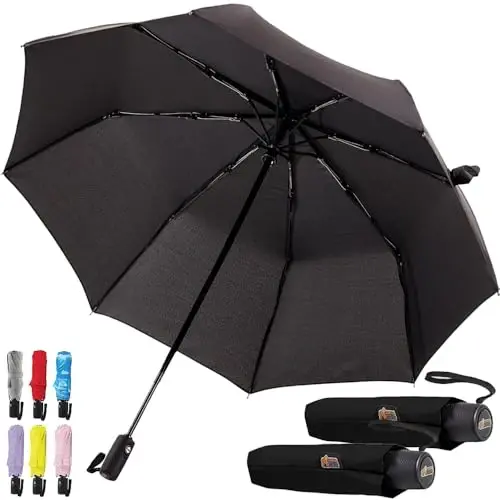 GORILLA GRIP Strong Windproof Stick Compact Umbrella for Rain, 2 PK, One-Click Automatic Open Close, Durable Quick Dry Waterproof Material, Lightweight, Portable, Travel Size Fits Backpack, Black - 1